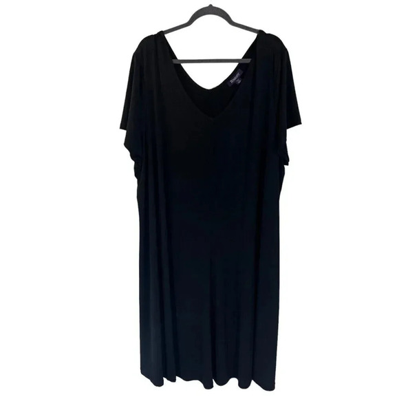 Roamans Black Jersey Stretch Dress Plus Size 30/32 3X V Neck Short Sleeve Plain - Picture 1 of 5